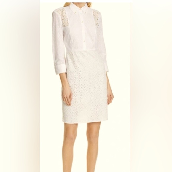 Tory Burch Eyelet Midi Shirt Dress Size 4 Patchwork Ivory White Embroidered - Picture 1 of 11
